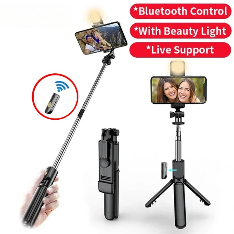 Photography Video Lighting Kit With Adjustable Tripod Stand - Wireless Bluetooth Selfie Stick Tripod With